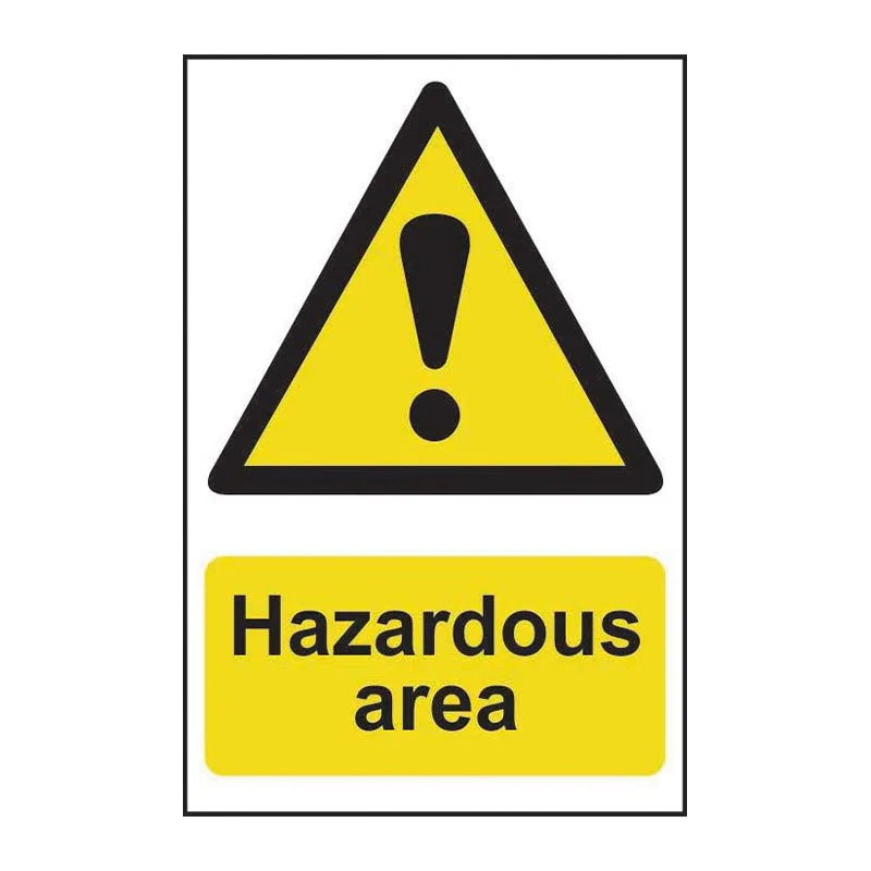 Warning sign with a yellow triangle containing an exclamation mark and a yellow rectangle with black text that reads "Hazardous area"