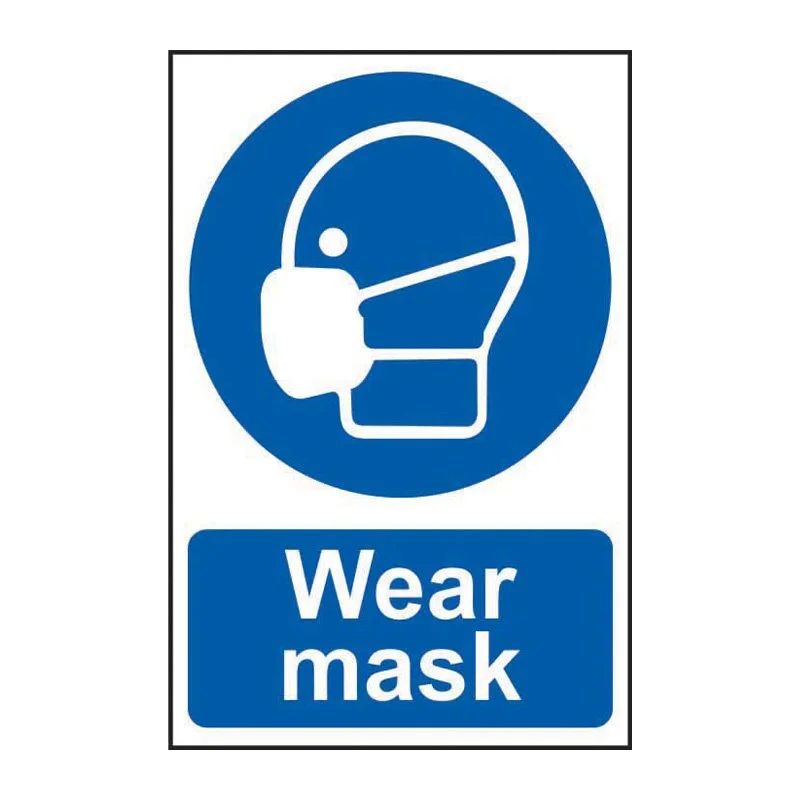 Blue circular sign with an illustration of a person wearing a face mask and the instruction "Wear mask".