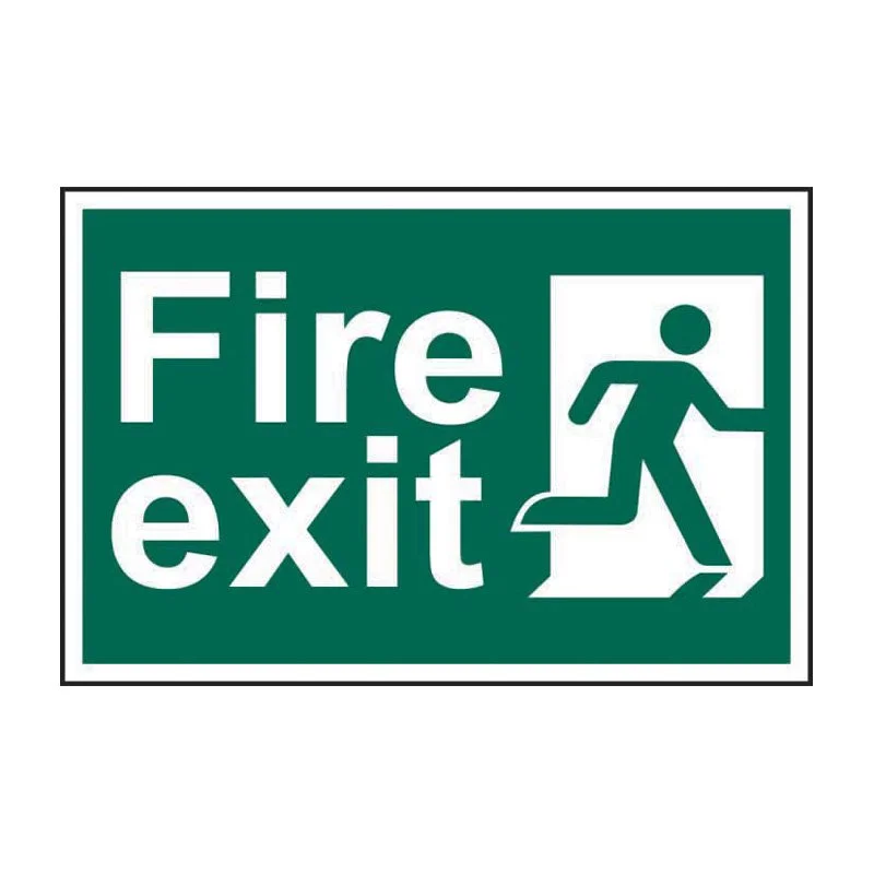 Green emergency fire exit sign with white text and running figure