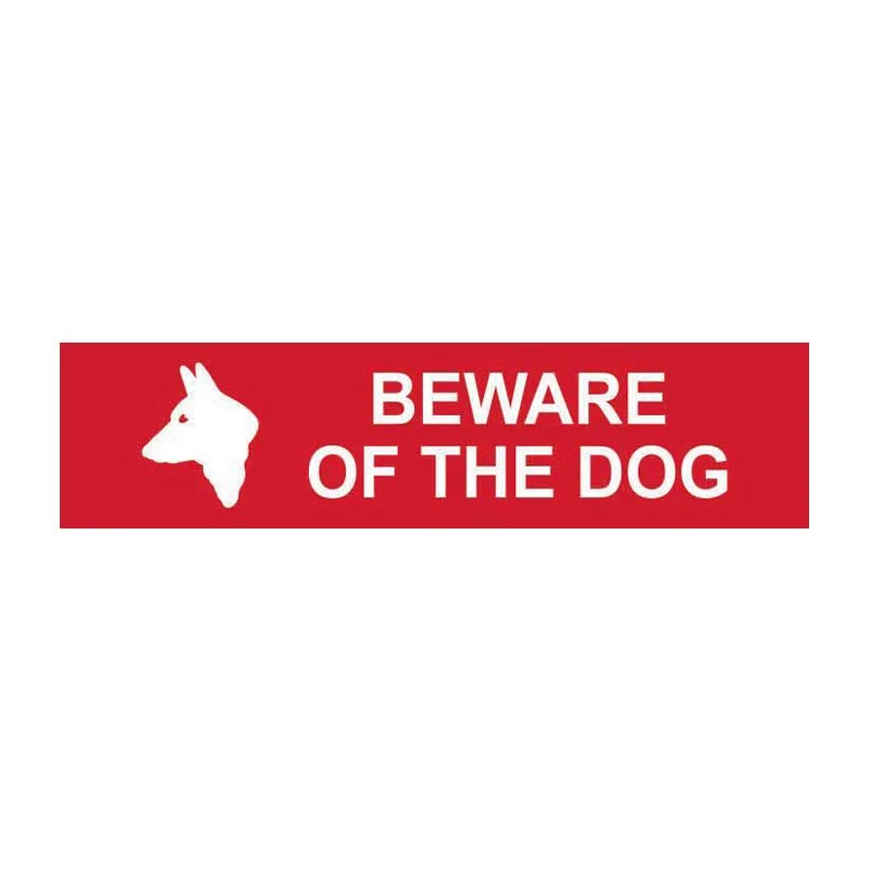 Red rectangular sign with white silhouette of a dog's head and the text "BEWARE OF THE DOG."