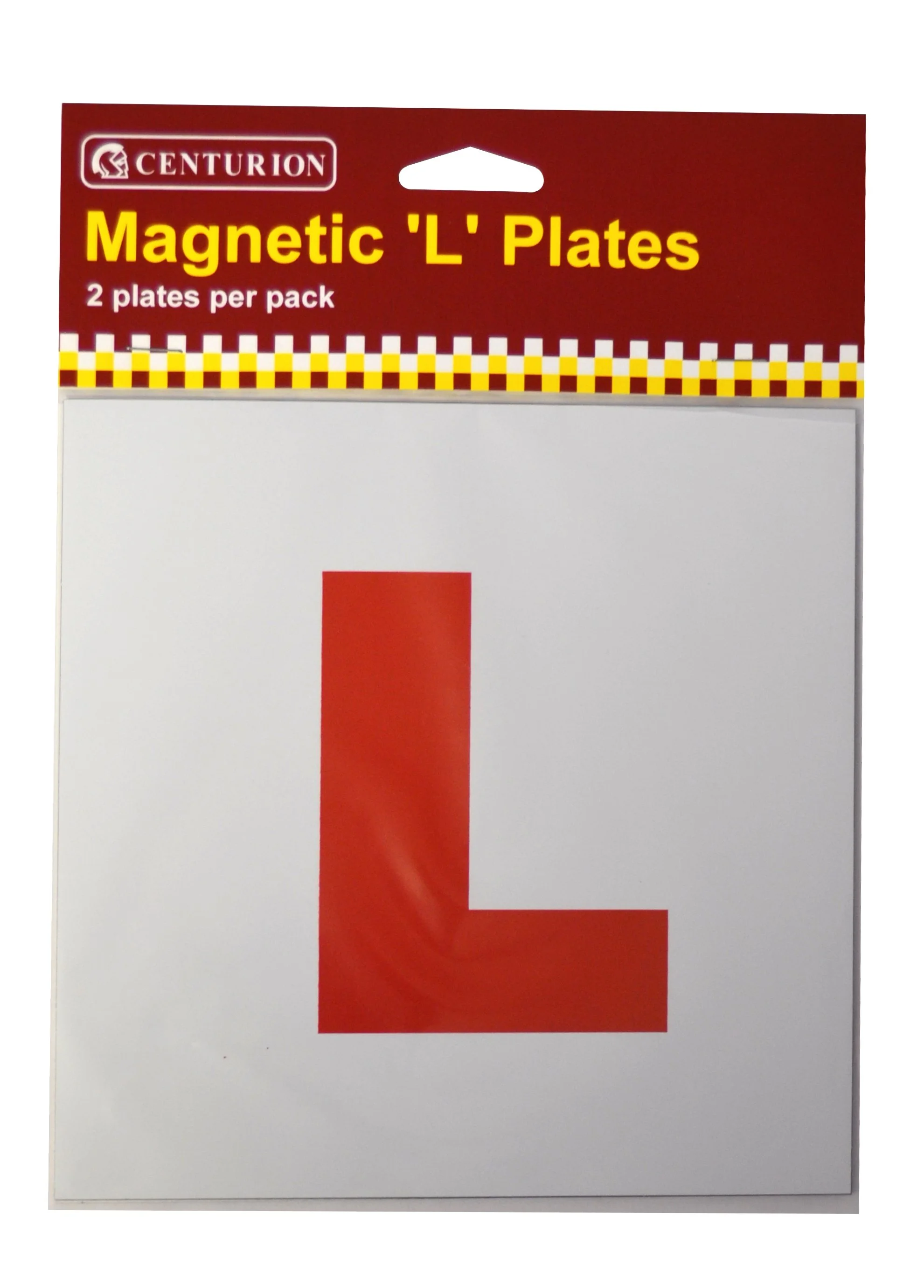 White pack of two magnetic 'L' plates with a large red letter 'L' printed on the front.