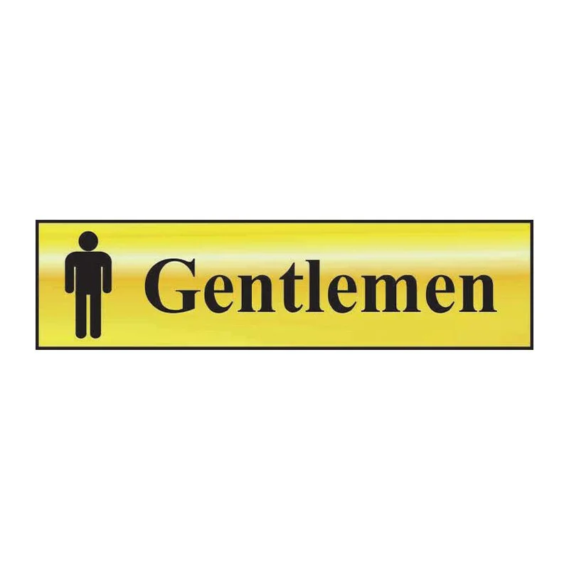 Sign indicating men's restroom labeled "Gentlemen" with a male figure icon on a yellow background.