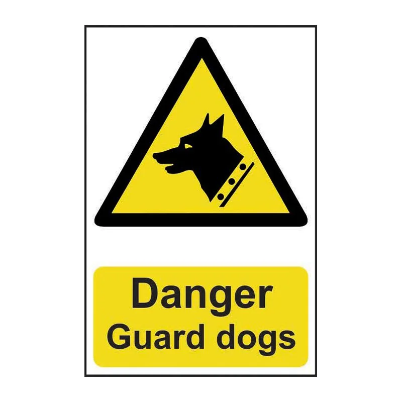 Warning sign with a black silhouette of a guard dog in a yellow triangle, and text that reads 'Danger Guard dogs' in black on a yellow background.