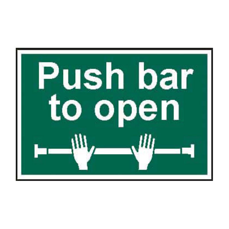 Green safety sign instructing to push bar to open, illustrating hands pushing a horizontal bar