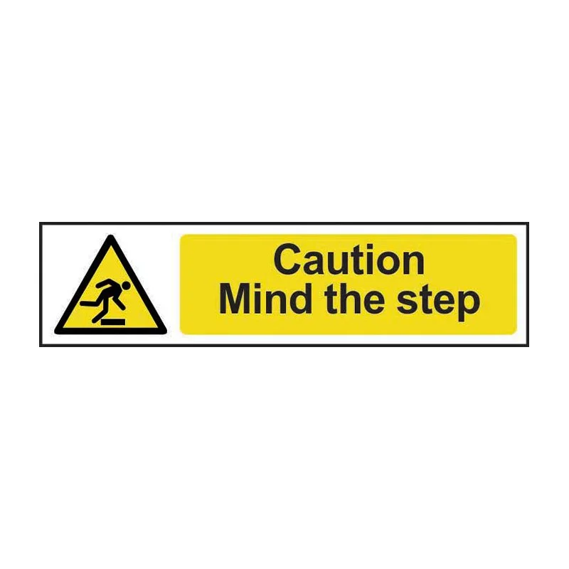 Warning sign with a person stepping down stairs and the words "Caution Mind the step" in black text on a yellow background.
