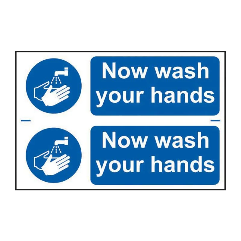 Sign with instructions to wash hands, featuring two icons of hands being washed under a faucet.