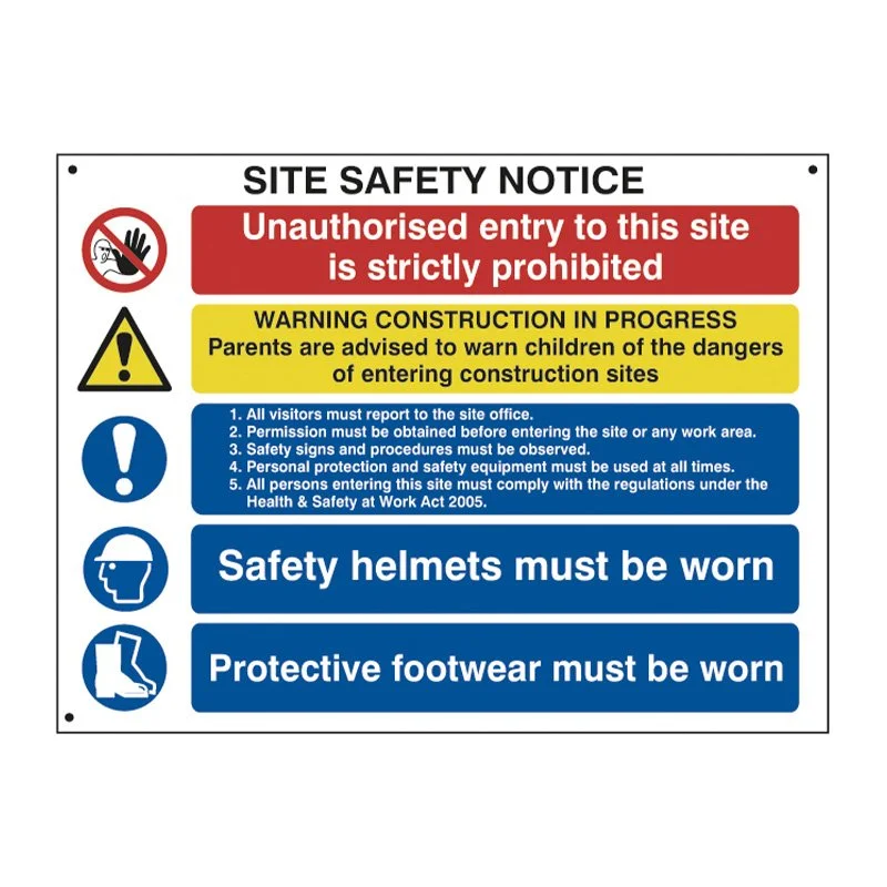 Site safety notice board with warnings and safety instructions, including a red section prohibiting unauthorized access, yellow caution for construction in progress, and blue sections mandating safety helmets and protective footwear.