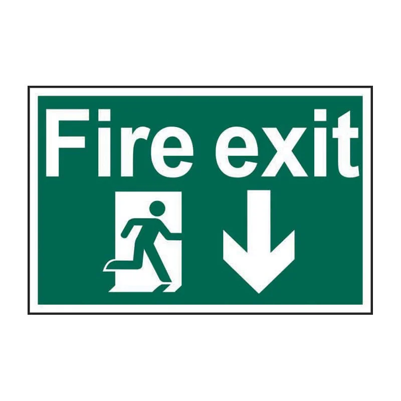 Green fire exit sign with white text, a running figure, and a downward arrow indicating the emergency exit direction.