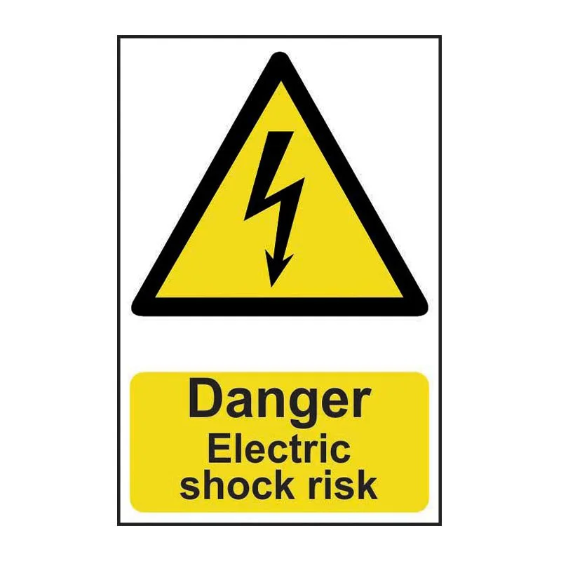 Warning sign with a black lightning bolt inside a yellow triangle, and a yellow rectangle below it with the text 'Danger Electric shock risk'.
