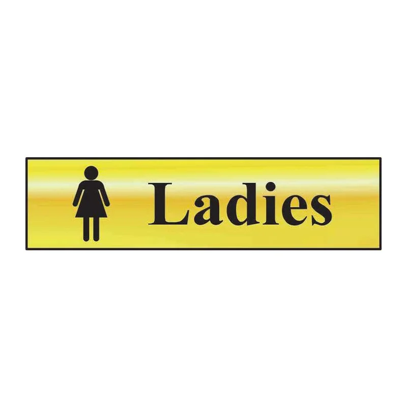 A sign indicating ladies' restroom with a female icon and the word 'Ladies' on a yellow background.