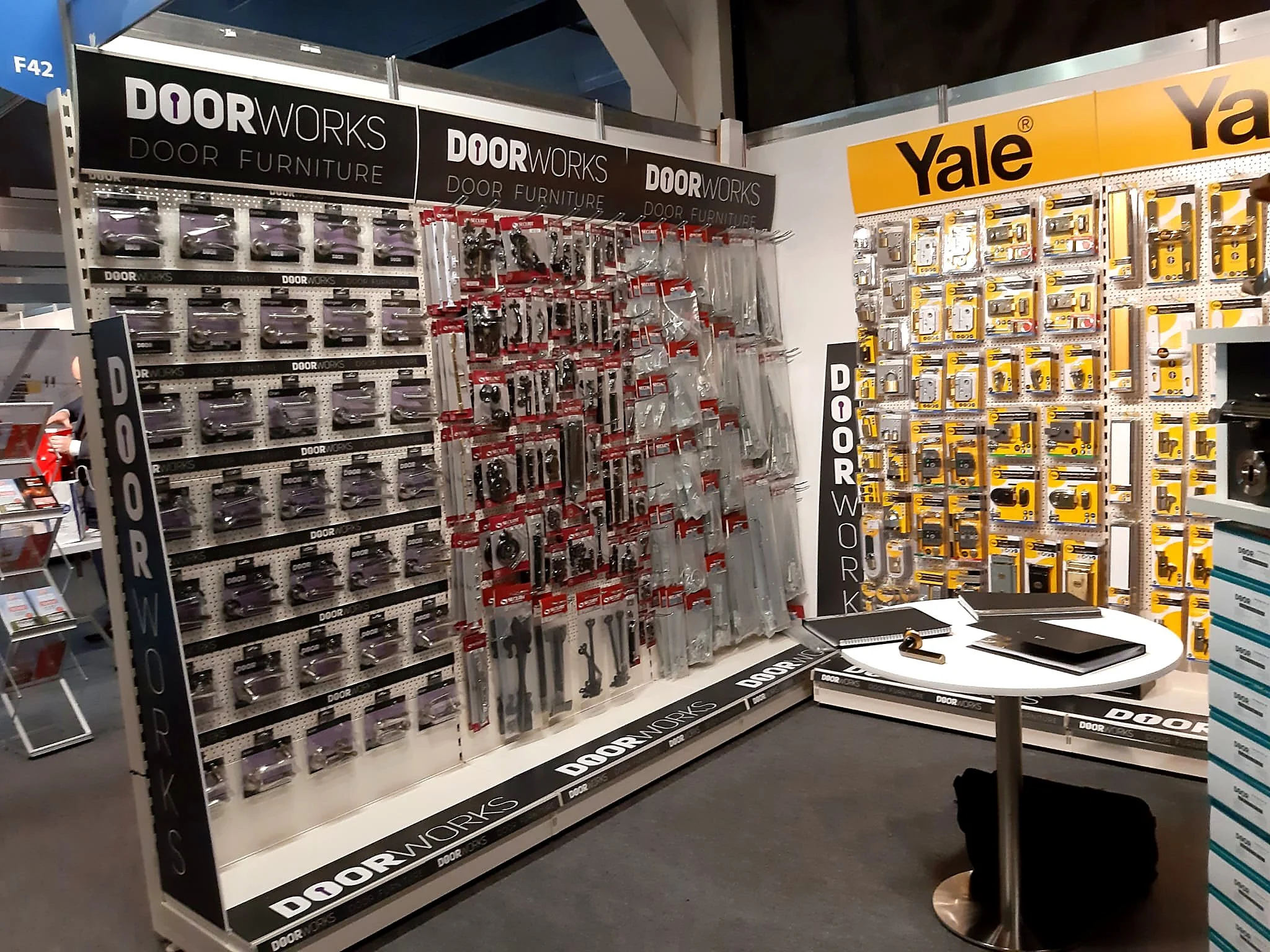 Store display with door hardware and accessories from brands Doorworks and Yale.