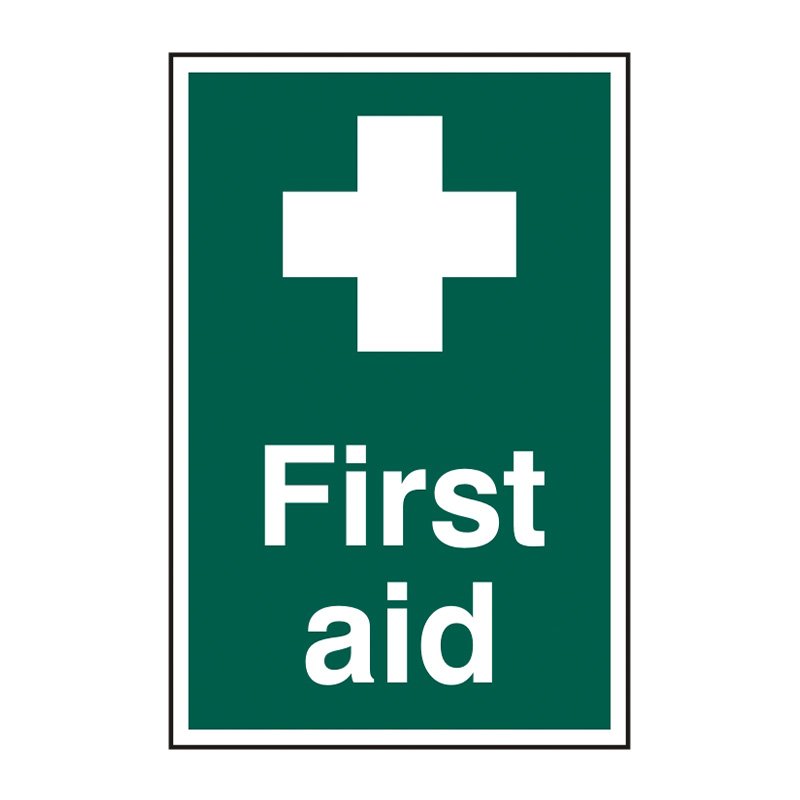 Green first aid sign with a white cross and the words "First aid" written underneath.
