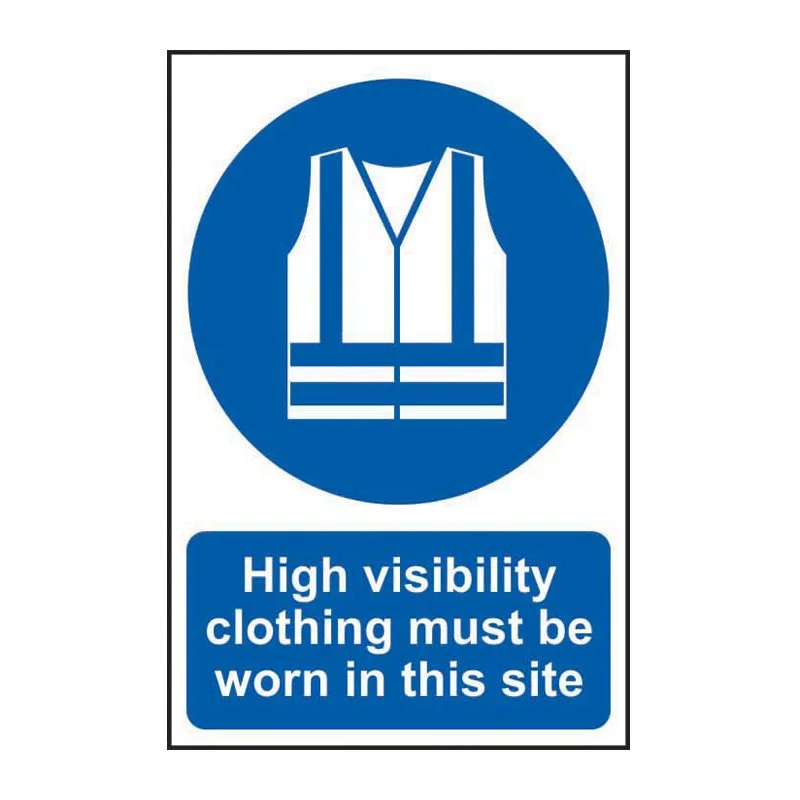 A safety sign with a blue circle containing a high visibility vest icon, and a rectangular blue section below with white text that reads, "High visibility clothing must be worn in this site."