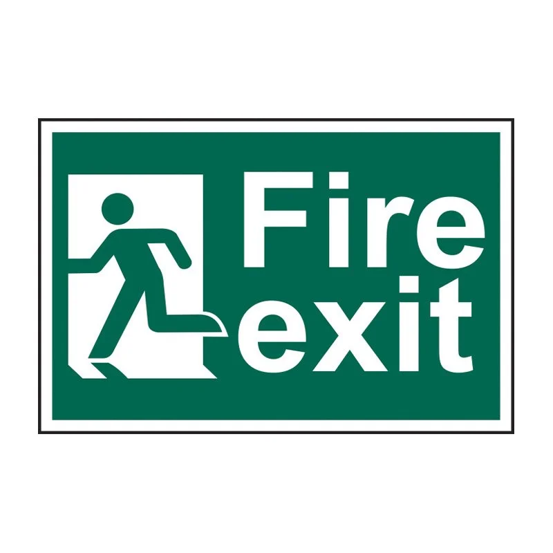 Green fire exit sign with a running figure and an arrow pointing left.