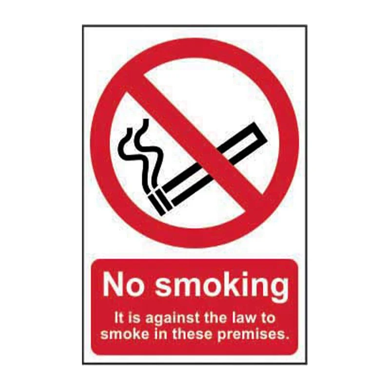 Sign indicating no smoking, with a cigarette inside a red circle with a slash, and text that reads "No smoking. It is against the law to smoke in these premises."