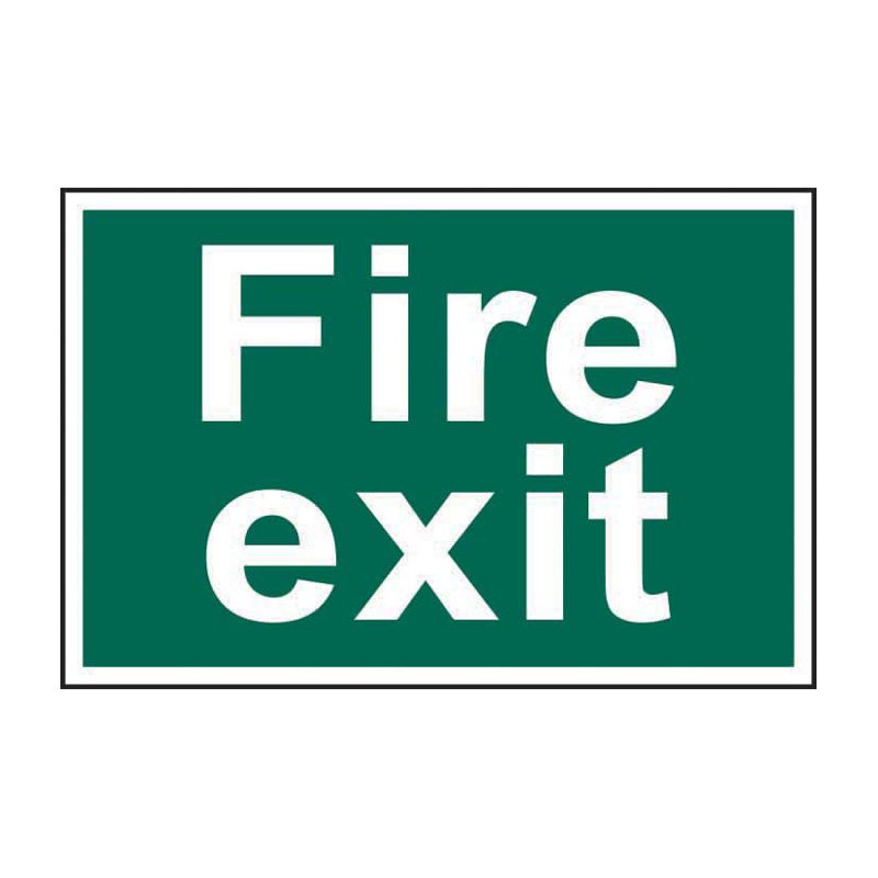 Green sign with white text that says 'Fire exit'.