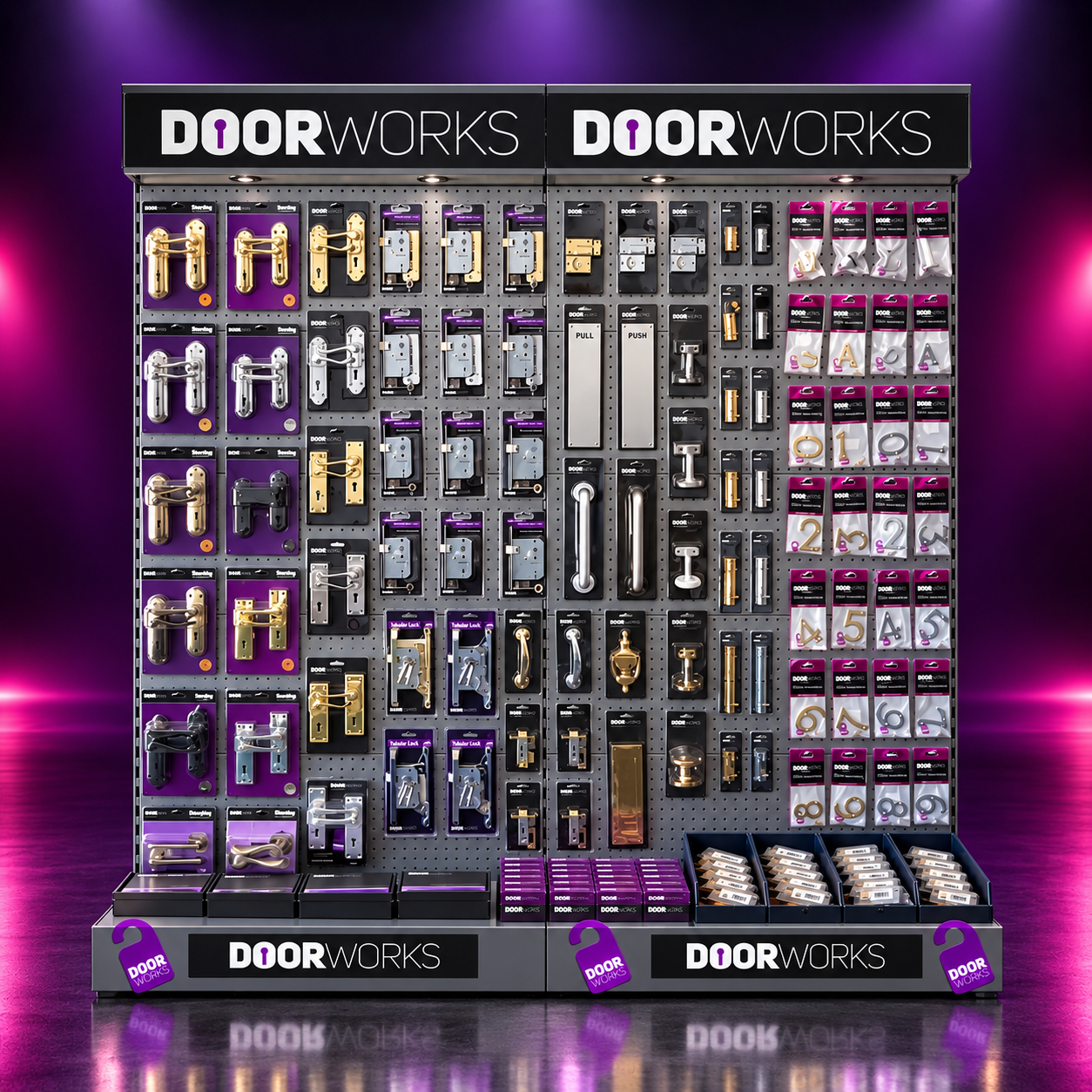 Display of various door handles, locks, and hardware in different finishes, organized on a retail pegboard.