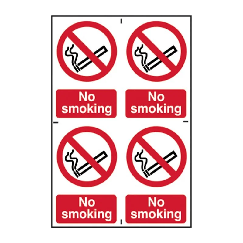 A sign with four no smoking symbols, each showing a cigarette with a red circle and diagonal slash, and four red rectangles underneath stating "No smoking."