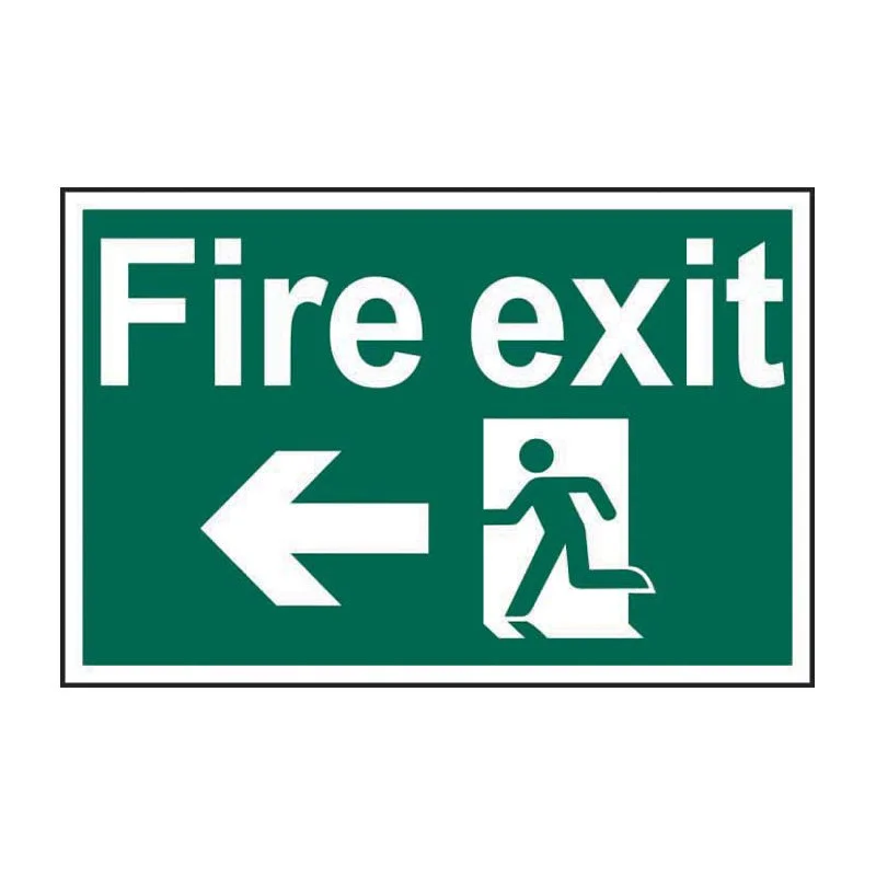 Green fire exit sign with white text and an arrow pointing left, showing a running figure exiting through a door.
