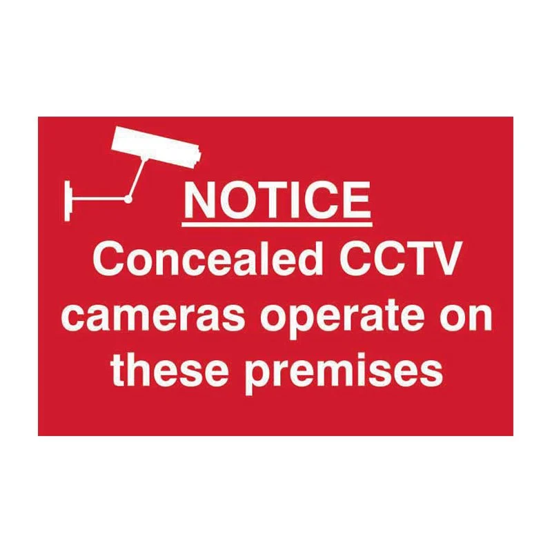 Red sign with a white surveillance camera graphic that reads 'NOTICE Concealed CCTV cameras operate on these premises'.