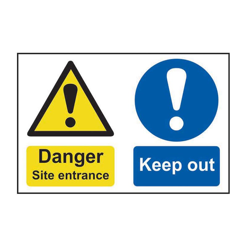 Warning sign with yellow triangle and black exclamation mark indicating danger at a site entrance, and a blue circle with white exclamation mark with a blue rectangle saying 'Keep out'.
