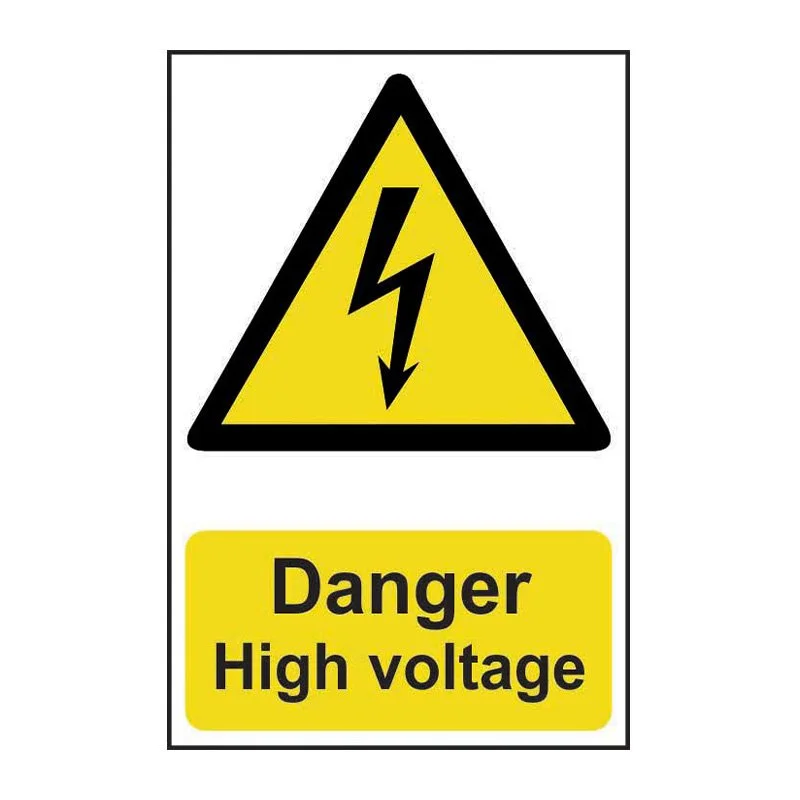 Warning sign with a yellow background and black border, featuring a lightning bolt symbol, and the text "Danger High voltage" in bold black letters.