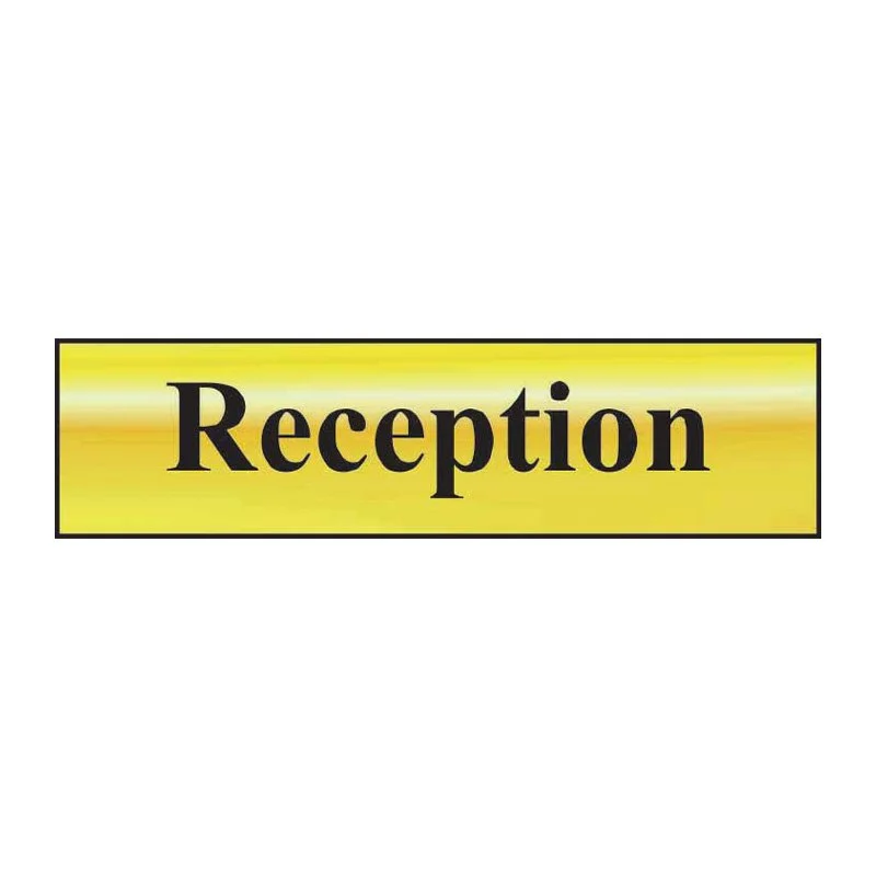 Reception sign with yellow background and black border, black text reading 'Reception'.