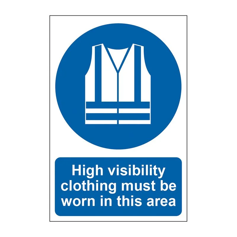 Sign indicating that high visibility clothing must be worn in this area, featuring an icon of a safety vest and text.