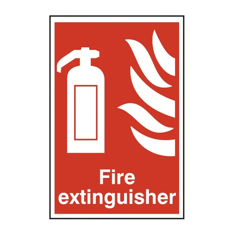 A fire safety sign with a white fire extinguisher icon on a red background and white flames next to it, labeled 'Fire extinguisher'.