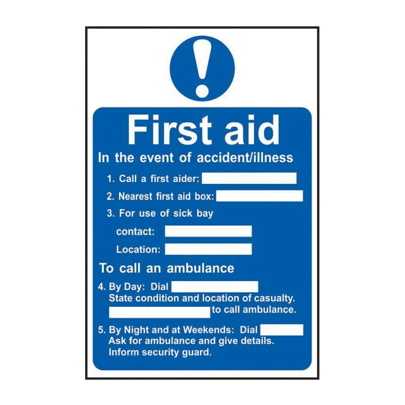 A blue first aid informational sign with a white exclamation mark at the top. It provides instructions for emergency situations, including how to call an ambulance and what details to include.