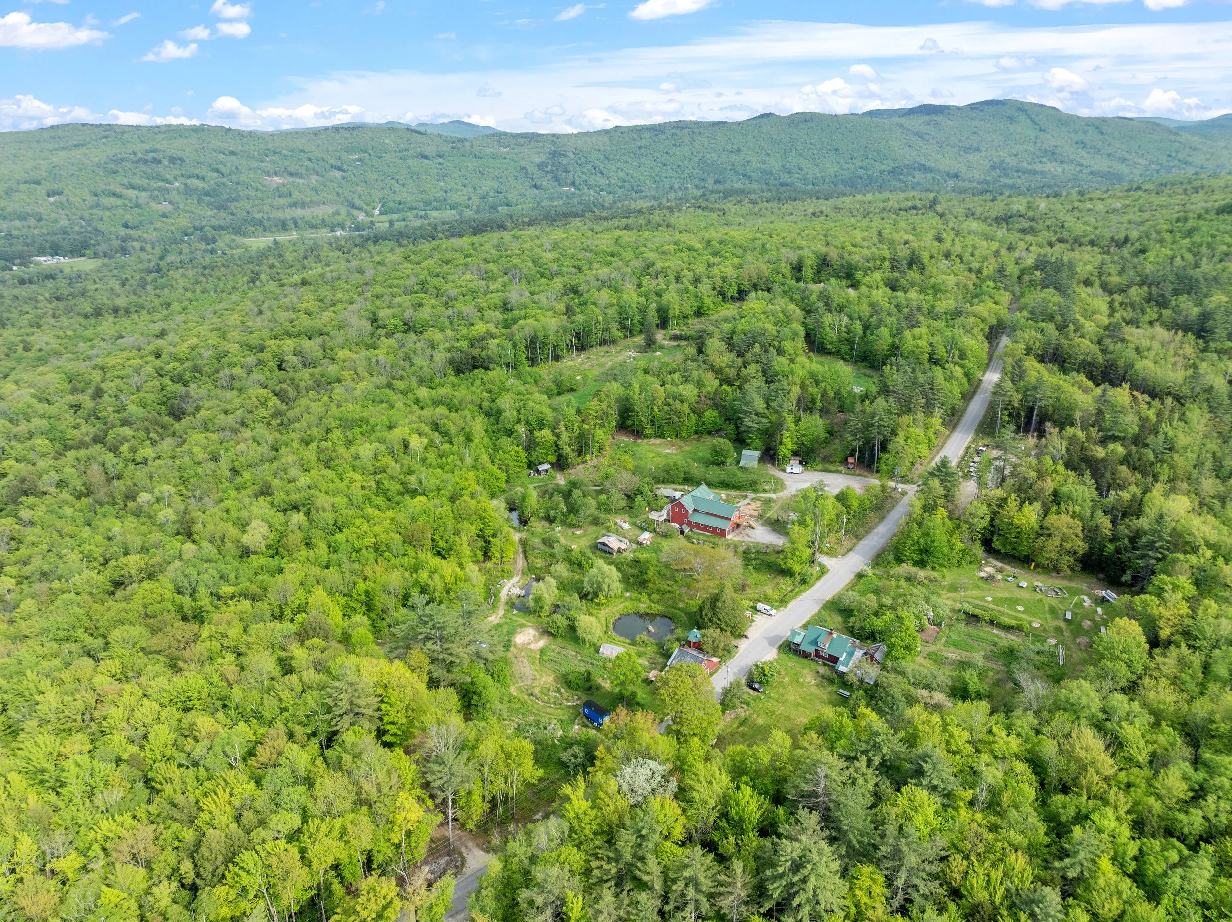 Aerial view of a rural landscape with dense green forest, a few scattered houses, a pond, and a road winding through the area. Mountain range in the background under a partly cloudy sky.