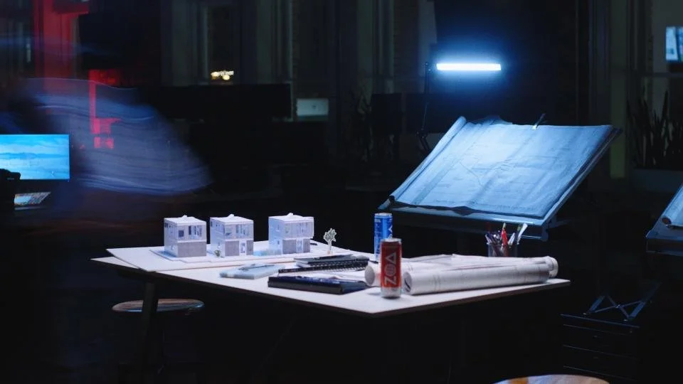 Architectural drafting table with model houses, blueprints, pens, and a desk lamp in a dark room with city lights visible outside.