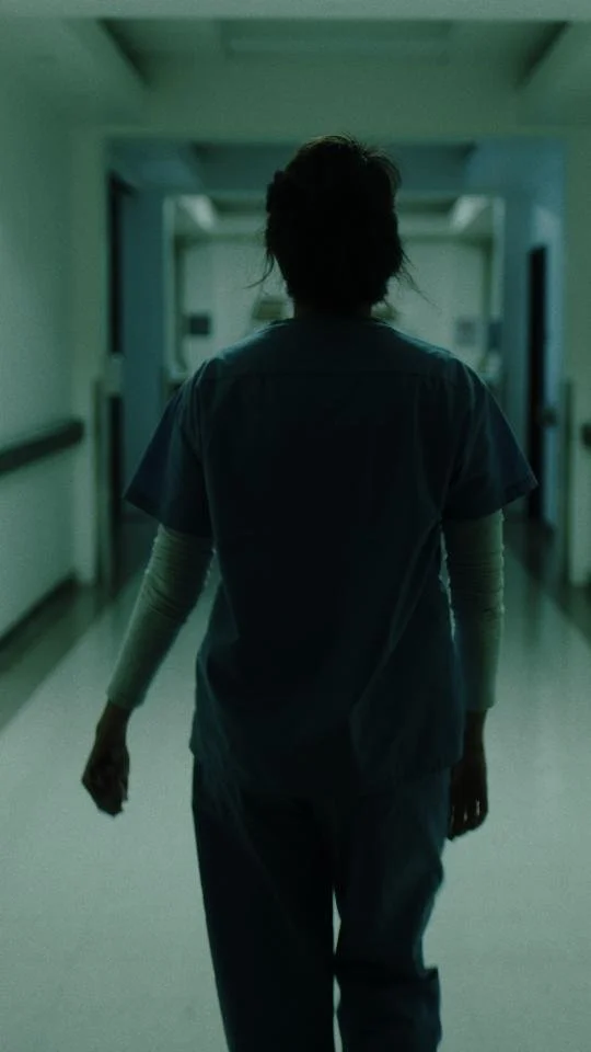 A healthcare worker in scrubs walking down a hospital corridor at night