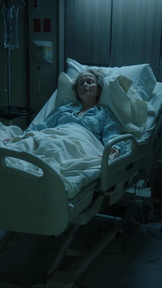 An elderly woman lying in a hospital bed with hospital equipment around her, looking upwards.