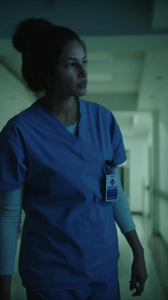 A female nurse in blue scrubs standing in a dimly lit hospital corridor, looking to the side with a serious expression.