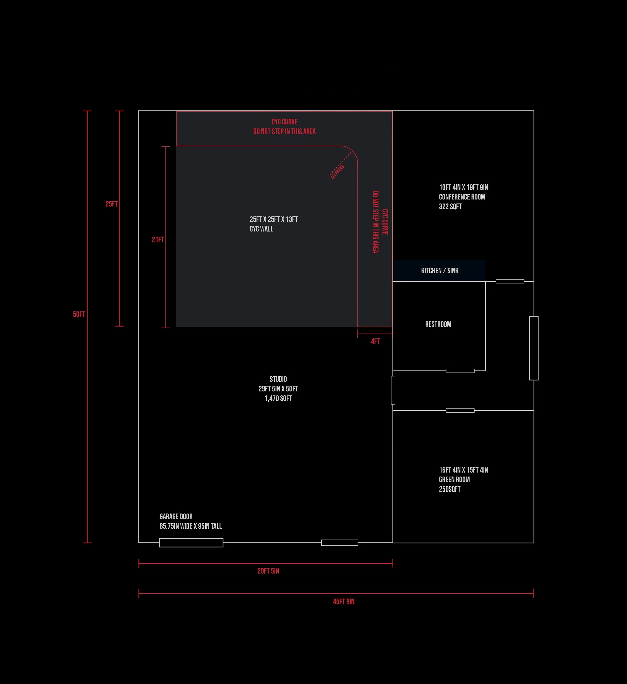 Detailed floor plan of Go Bold Studio in Casselberry, FL, showing the 25'x25' white cyc wall, conference room, and green room dimensions for Orlando production planning.