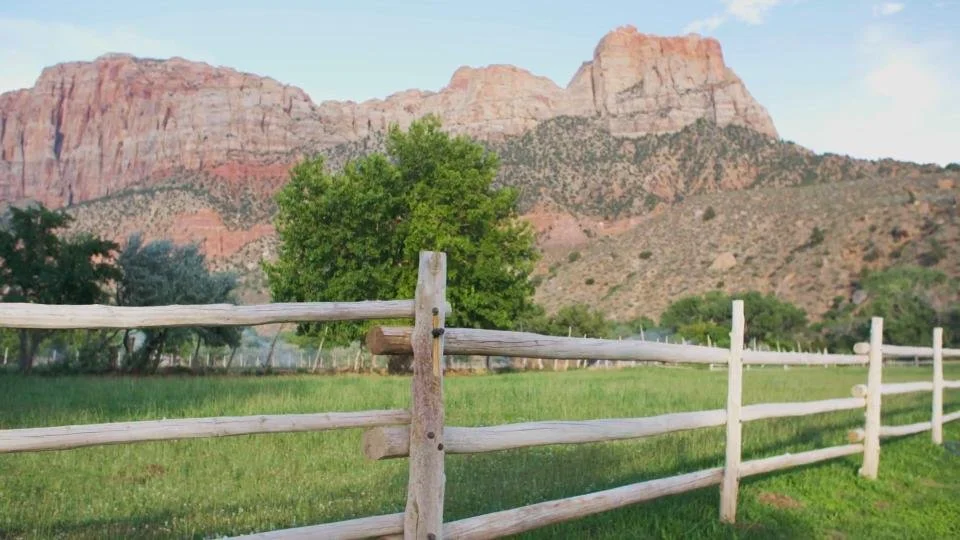 Scenic landscape with a wooden fence in the foreground, green grass, trees, and mountains in the background under a clear sky.