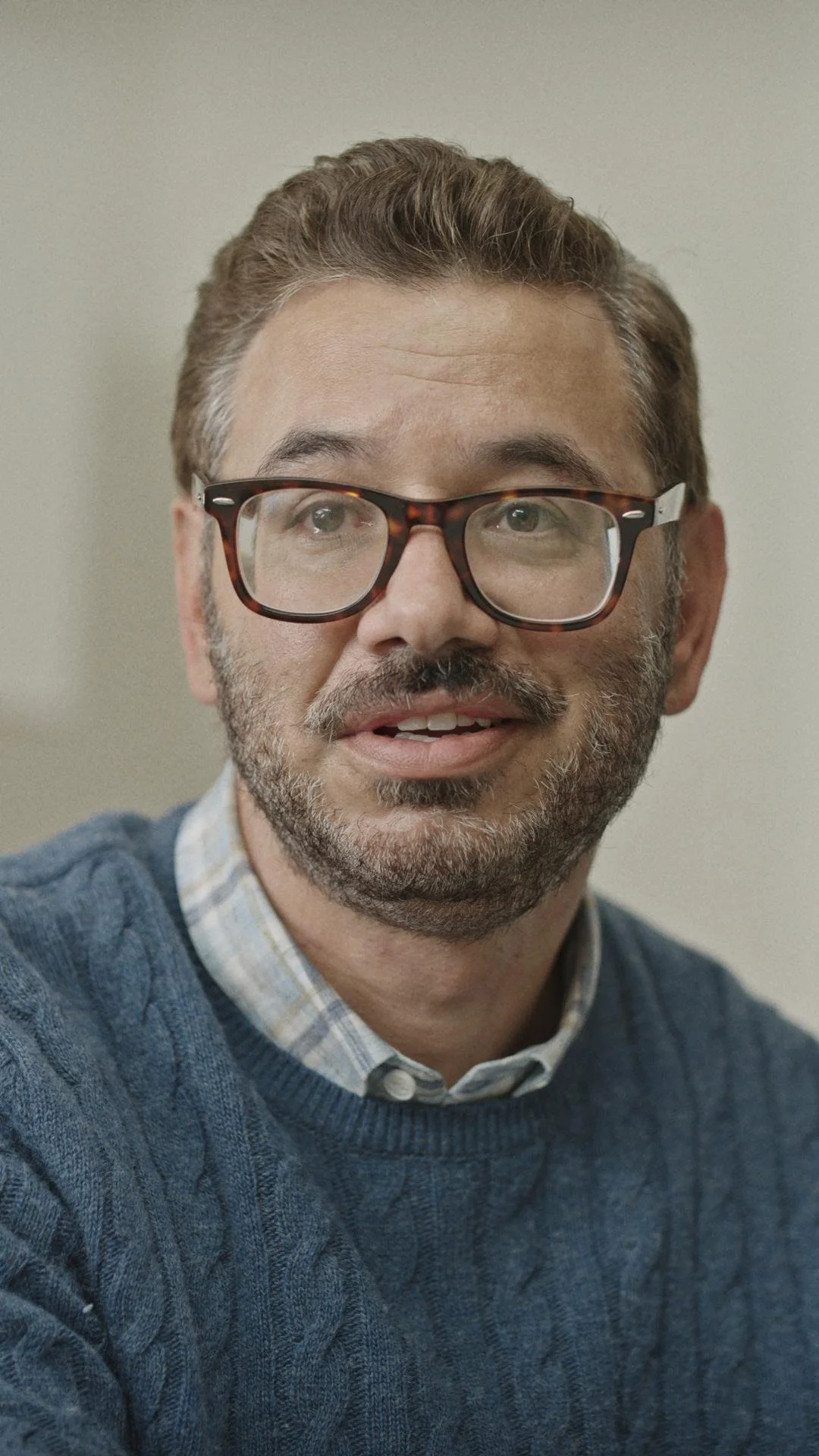 A middle-aged man with glasses, short brown hair, and a beard, wearing a blue sweater over a collared shirt, smiling and looking slightly to his right.