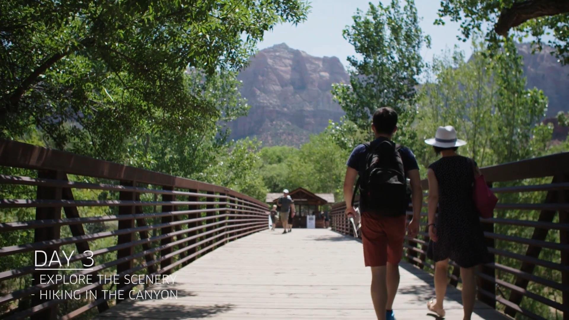 Two people walking on a bridge surrounded by green trees with a canyon in the background during daytime.