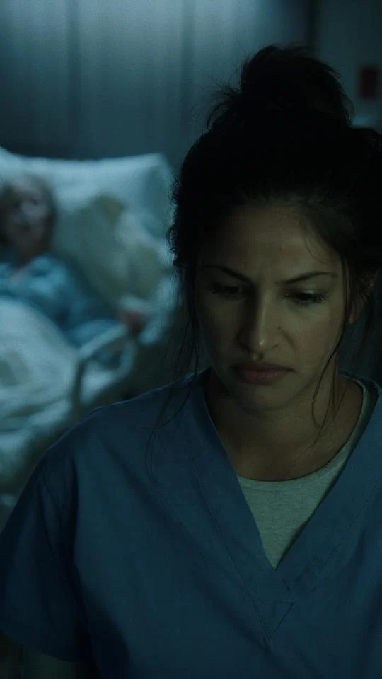 A woman in medical scrubs looking down with a concerned expression, in a dimly lit hospital room with a patient lying in a bed in the background.