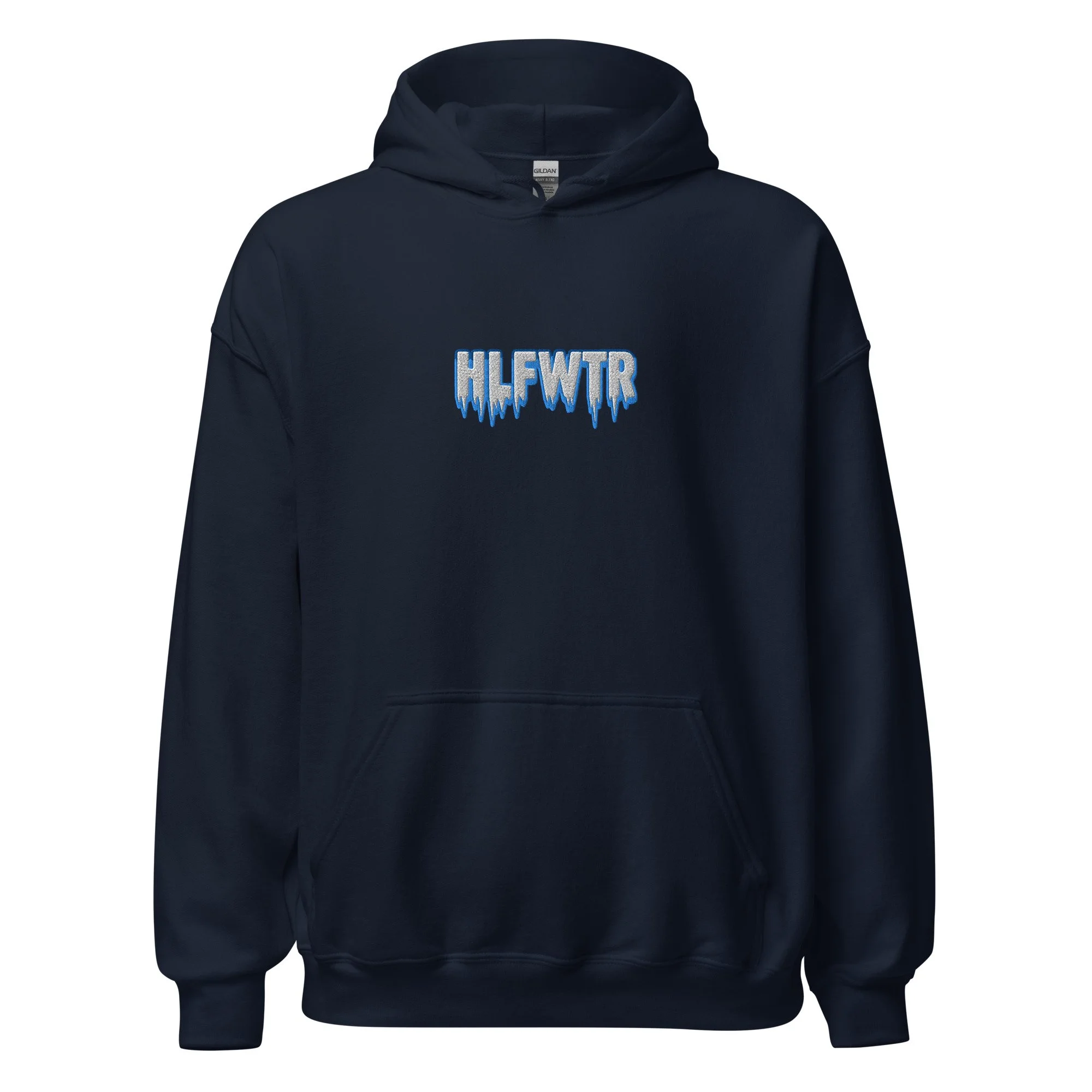 Black hoodie with a blue and gray embroidered graphic text reading 'HLFWTR' that appears to be dripping.