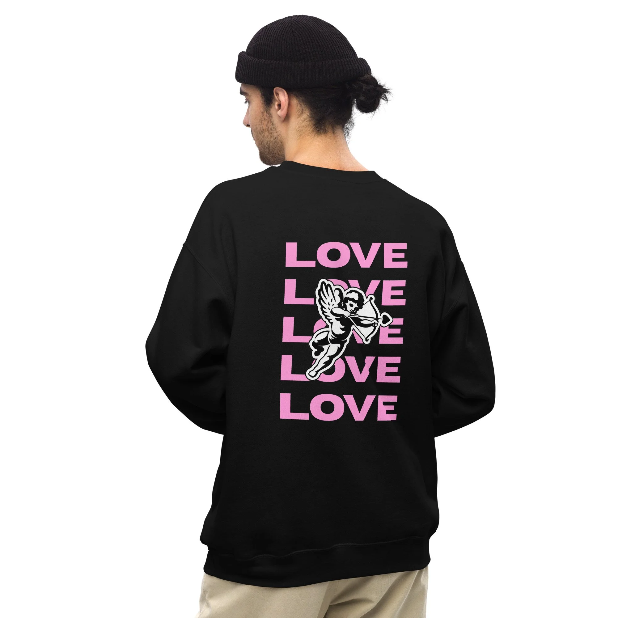 Back of a person wearing a black sweatshirt with the word 'LOVE' in pink repeated five times and an illustration of Cupid holding a bow and arrow.