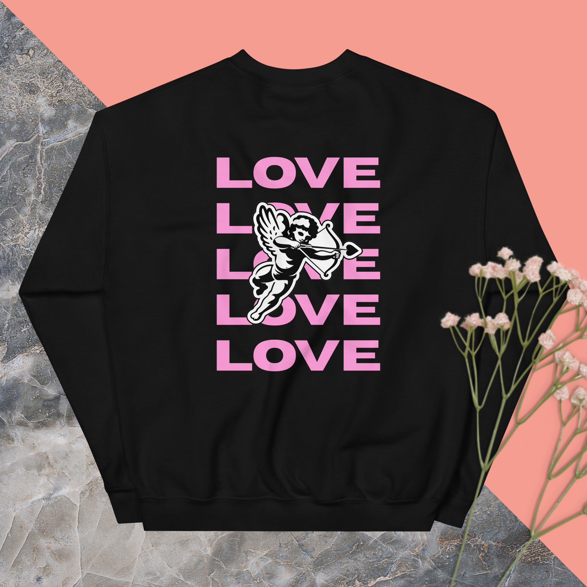 Black sweatshirt with pink text saying 'LOVE' repeated five times and a graphic of Cupid with wings and a bow, aiming an arrow.