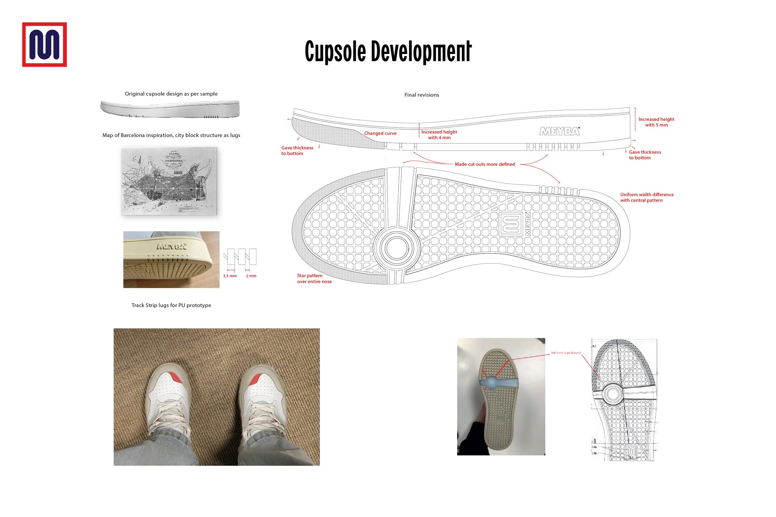 Design plans and prototypes for a sneaker sole, including sketches, measurements, and design inspiration from Barcelona, showing modifications such as increased height, thickness, and pattern details.