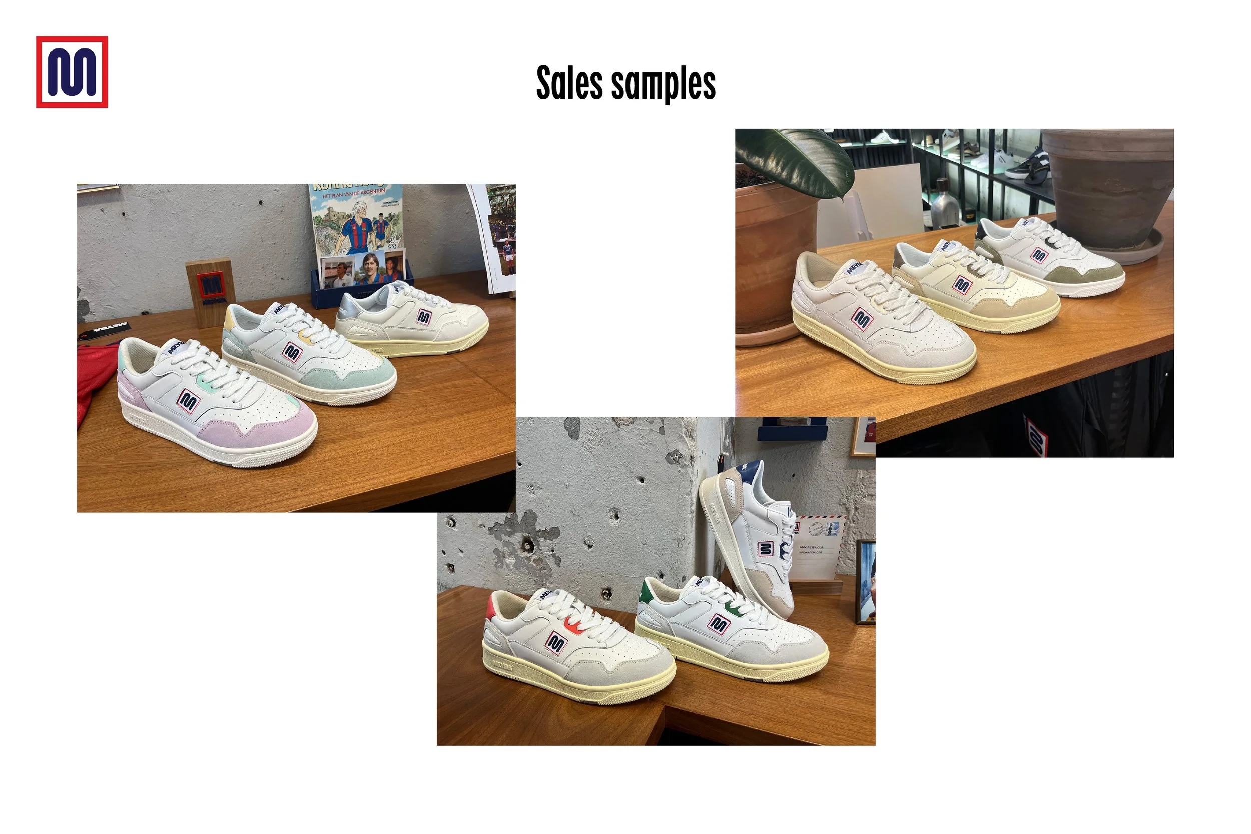 Display of various white sneakers with colorful accents on wooden tables, labeled as 'Sales samples'.