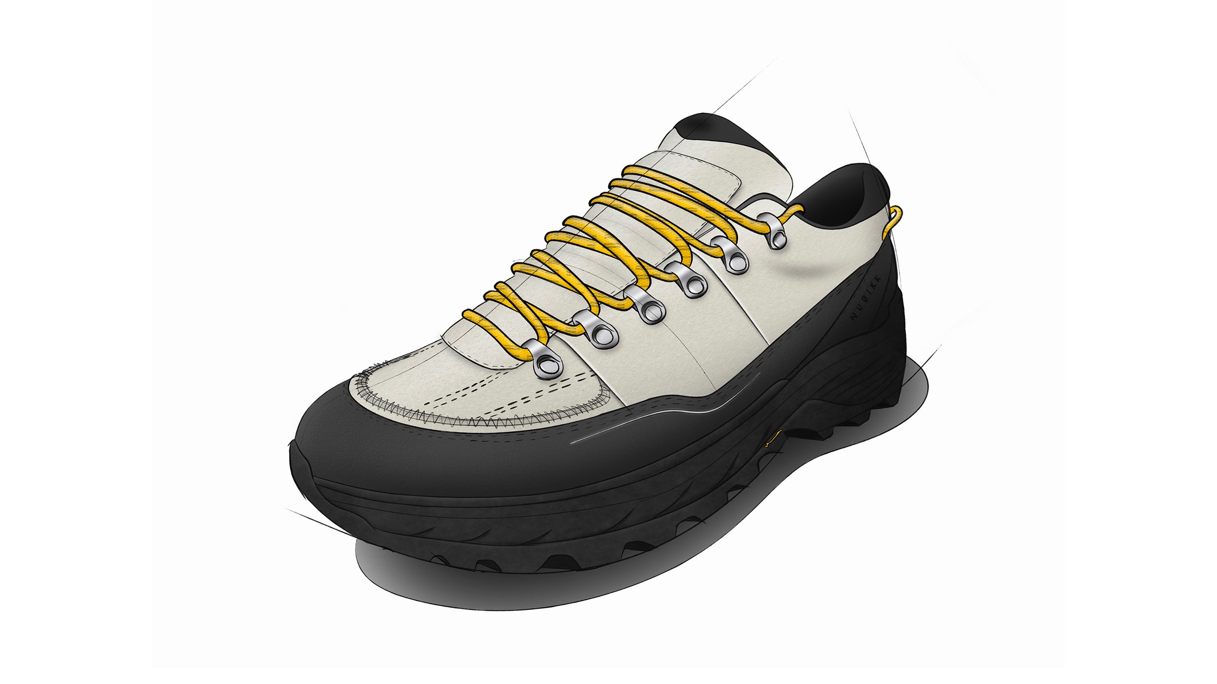 A hiking or trail shoe with a white upper, black toe cap and sole, yellow laces, and a rugged black sole designed for outdoor terrain.