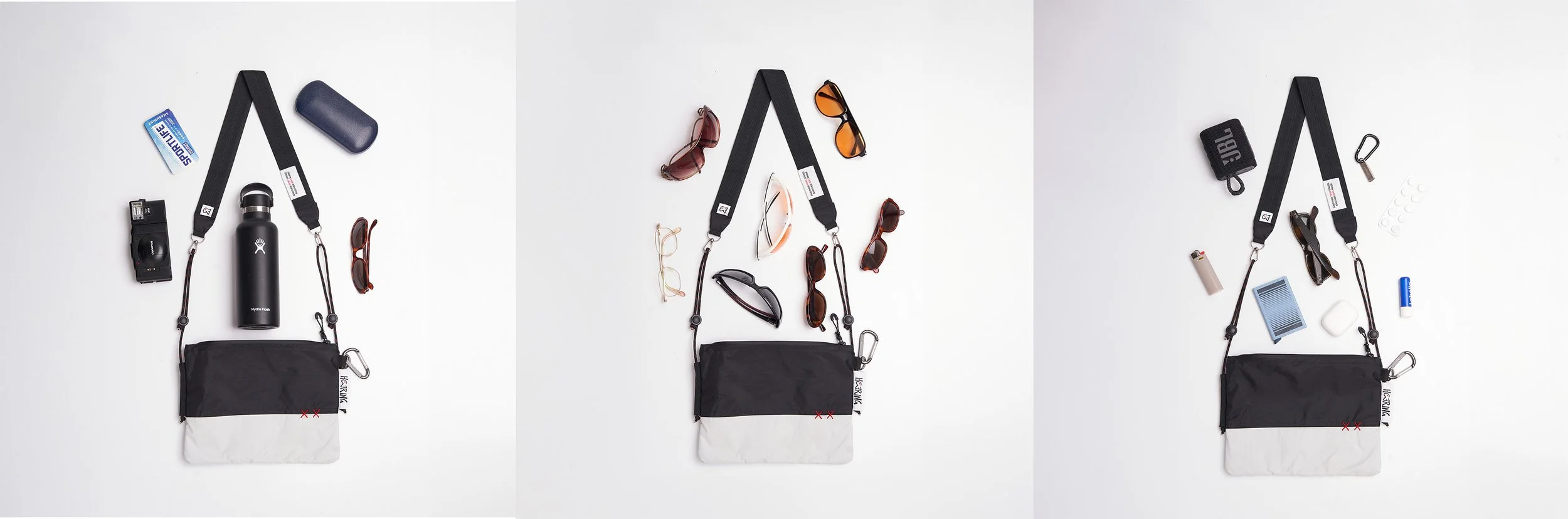 Side-by-side photos of a black and white bag with various accessories on a white background, including sunglasses, a water bottle, a portable speaker, headphones, superhero-style glasses, sunglasses, a power bank, medications, a comb, and a lighter.