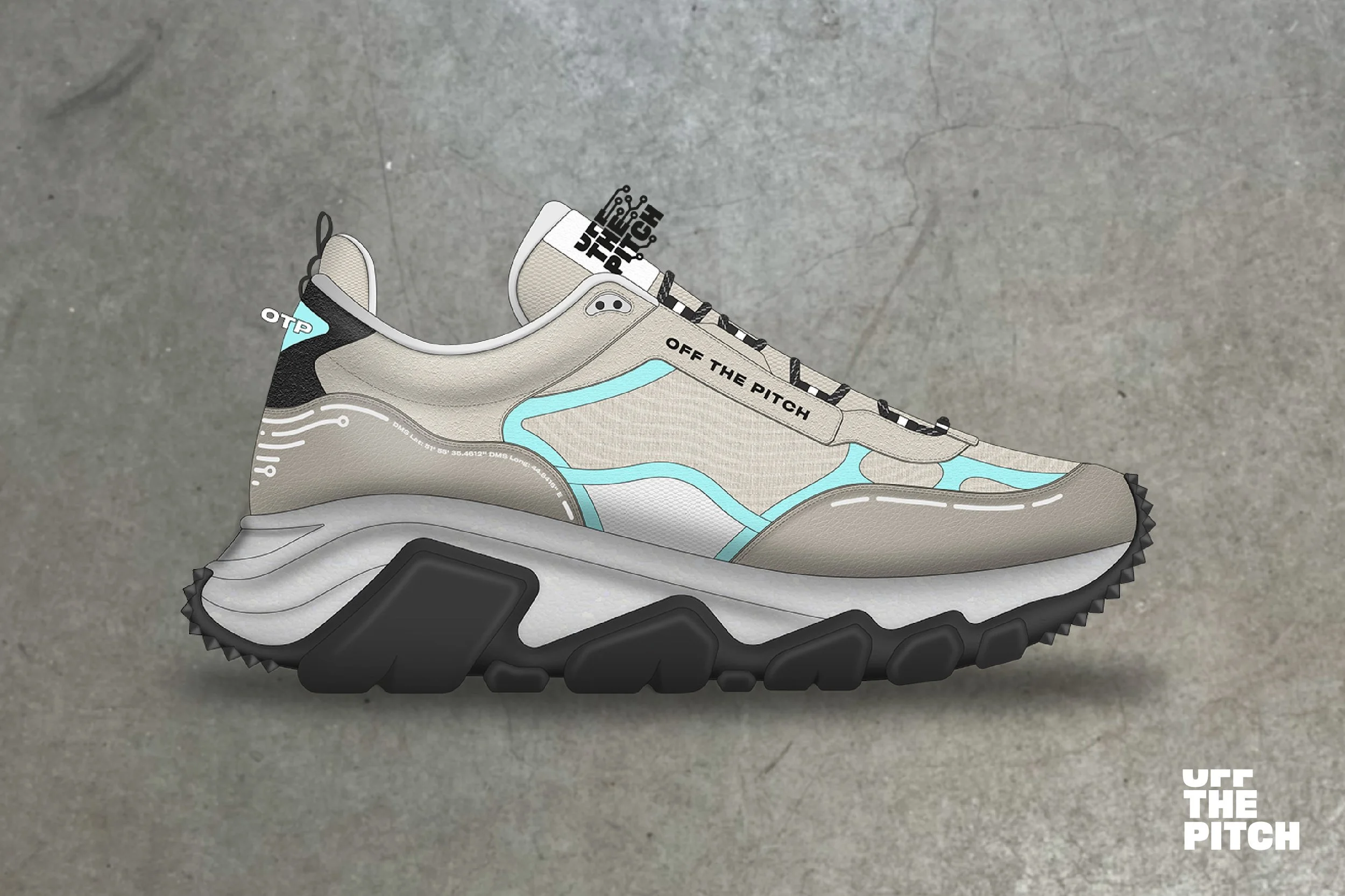 A sneaker with the phrase "Off The Pitch" on it, featuring black, beige, light blue, and white colors, set against a concrete background.