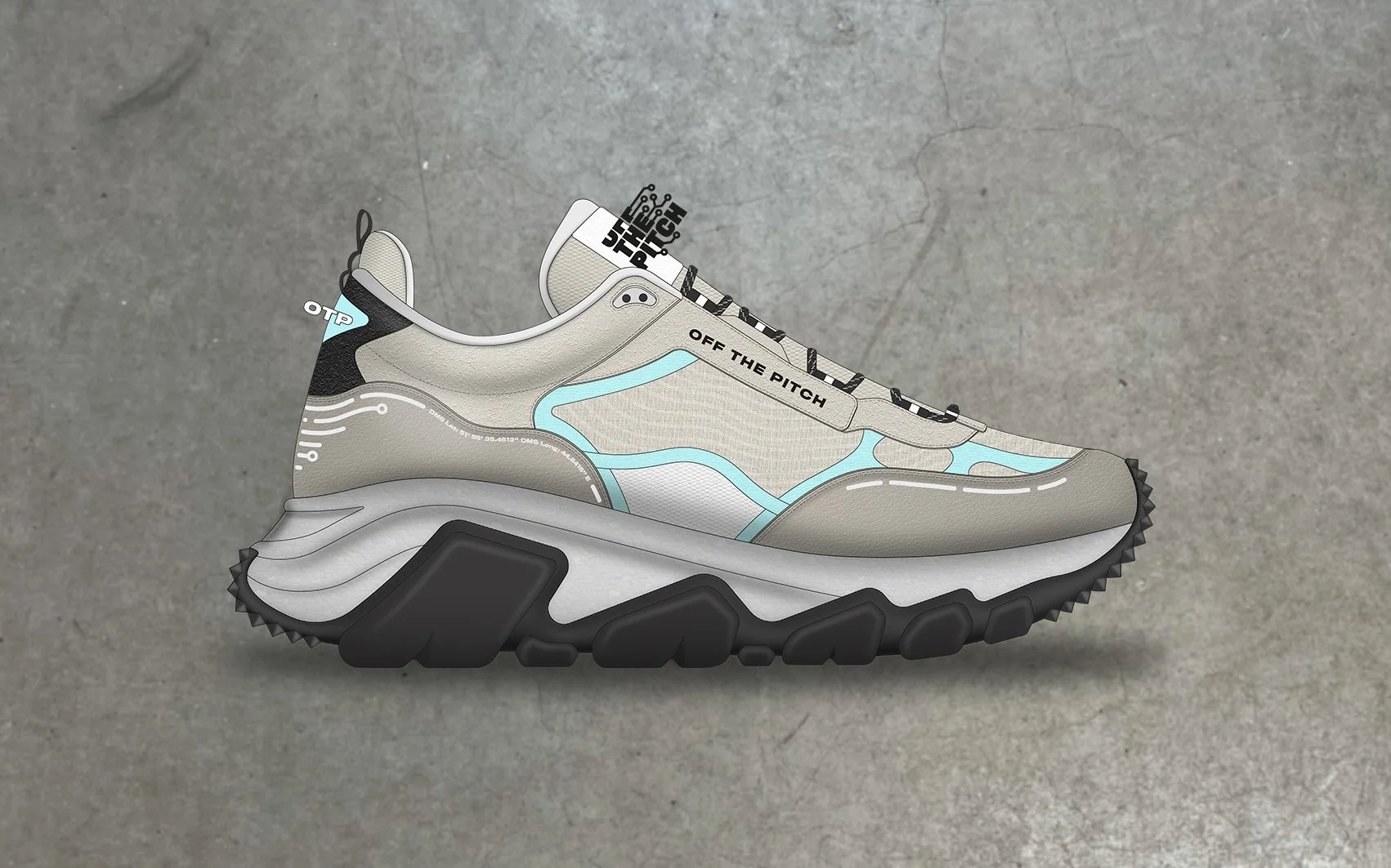 A modern beige athletic shoe with black, white, and blue accents, labeled 'OFF THE PITCH' and 'OTP,' displayed on a concrete floor.