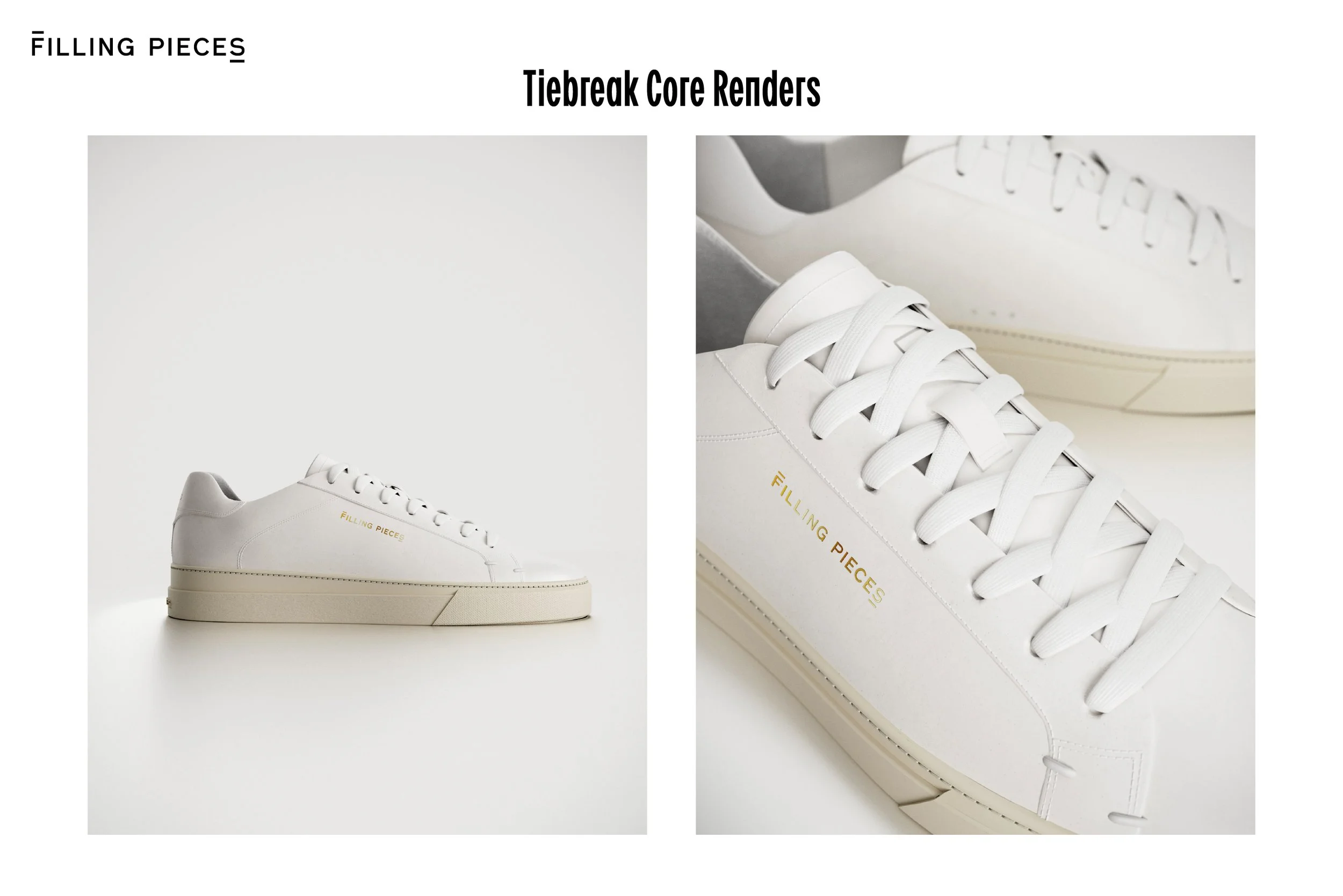 A pair of white sneakers labeled 'Filling Pieces' viewed from the side and a close-up of the same sneakers showing the laces and branding.